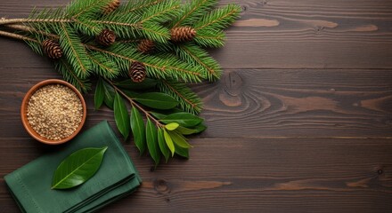 Overhead view of pine branch, cones, bowl, and cloth on a wooden background