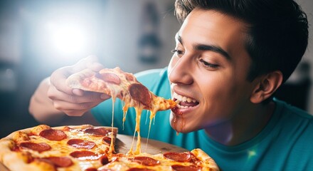 handsome young man eating a slice of pizza, cheese, pepperoni, tomato sauce, crust, close up, male model, hungry man, tasty food, comfort food, fast food, delicious, Italian food, cheesy pizza, hot