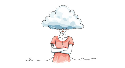 Surreal conceptual illustration of a person with a cloud replacing the head. Hand-drawn doodle style, one-line inspired vector artwork with soft watercolor texture - Mental day concept