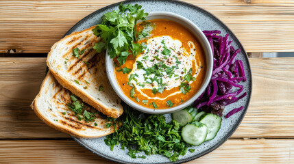 Cozy lunch plate featuring soup, toast, and pickled vegetables garnished with herbs