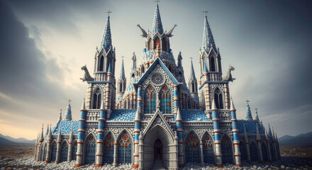 Fantasy cathedral architecture with stained glass windows and gothic style spires digital art design