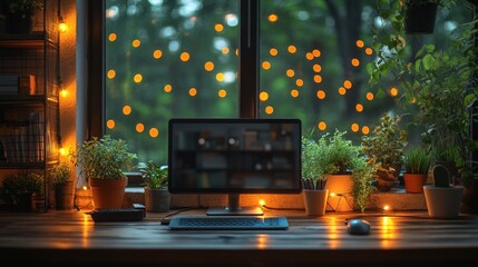 Cozy home office workspace with computer, plants, and fairy lights near window at night.