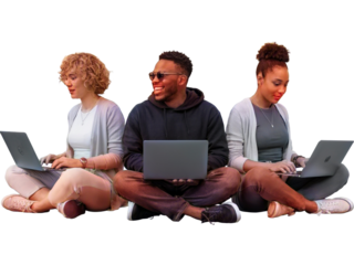 Three students sit together on the floor using laptops, isolated on transparent background