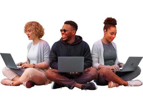 Three students sit together on the floor using laptops, isolated on transparent background