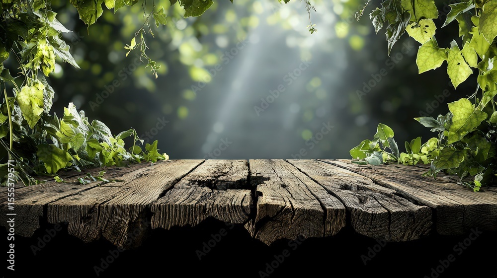 Poster Sunlight filtering through lush greenery over a weathered wooden table in a serene nature setting
