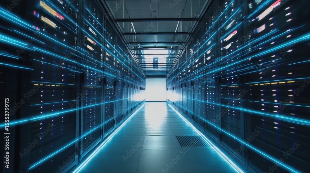 Poster Server racks with blue light trails in a modern data center corridor, symbolizing data flow and network activity