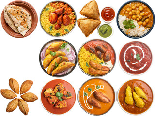 A variety of delicious indian dishes including curries, rice, naan, and samosas are isolated on transparent background
