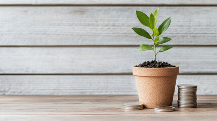 Fototapeta premium Growing plant in pot symbolizes investment and financial growth with coins nearby