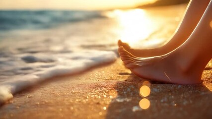 Golden Hour Beach Relaxation: Bare Feet in Soft Sand