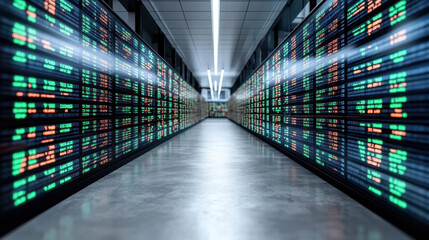 High tech trading floor with digital monitors displaying stock market data and trends