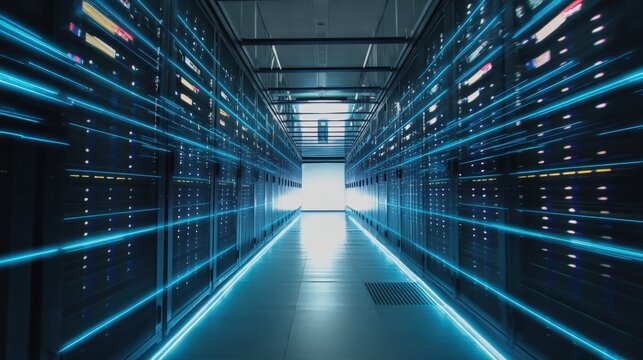 Server racks with blue light trails in a modern data center corridor, symbolizing data flow and network activity