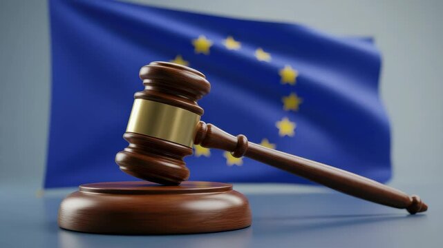 European Union flag backdrop with gavel symbolizing justice and lawmaking in the EU