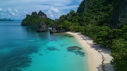 Tropical paradise beach remote island aerial view lush nature serene landscape vacation dream destination