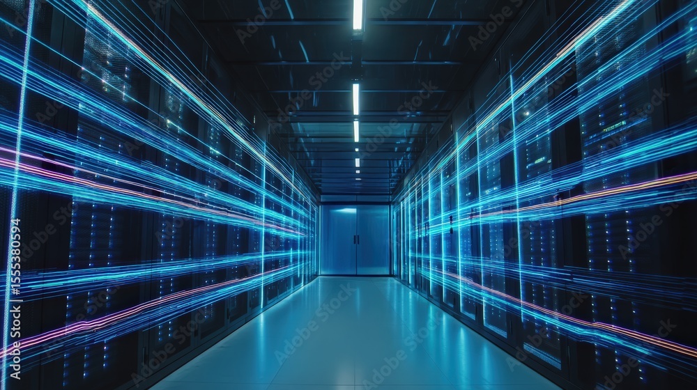 Poster Light trails and glowing lines moving fast in a futuristic server room, symbolizing data transfer and processing