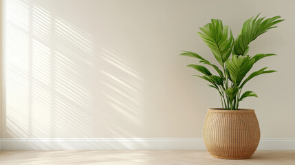 Tall green plant woven basket sits against light wall, illuminated by sunlight streaming through