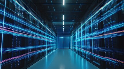 Light trails and glowing lines moving fast in a futuristic server room, symbolizing data transfer and processing