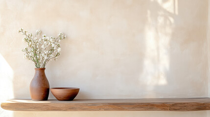 Serene sunlit corner features rustic wooden shelf adorned with brown vase holding delicate white