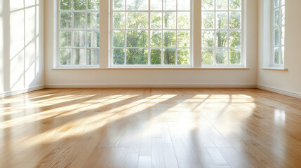 Fototapeta premium Bright sunlight streaming through large windows creates beautiful shadows on wooden floor