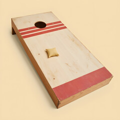 "A retro cornhole board with faded red and white stripes, a single bean bag resting on it, isolated on a beige background, vintage style with soft sepia tones, textured details