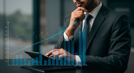 Businessman analyzing financial data on tablet with upward trending graph overlay