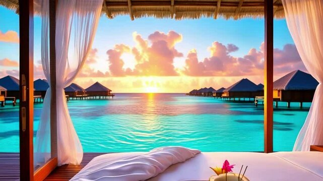 Sunrise from beach resort with open balcony in the morning. 4K video
