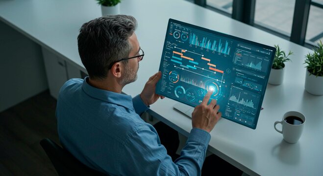 Man interacting with a digital screen showing graphs and project timelines