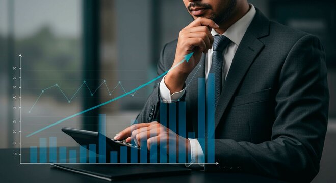 Businessman analyzing financial data on tablet with upward trending graph overlay