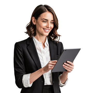 A smiling businesswoman using a tablet isolated on transparent background
