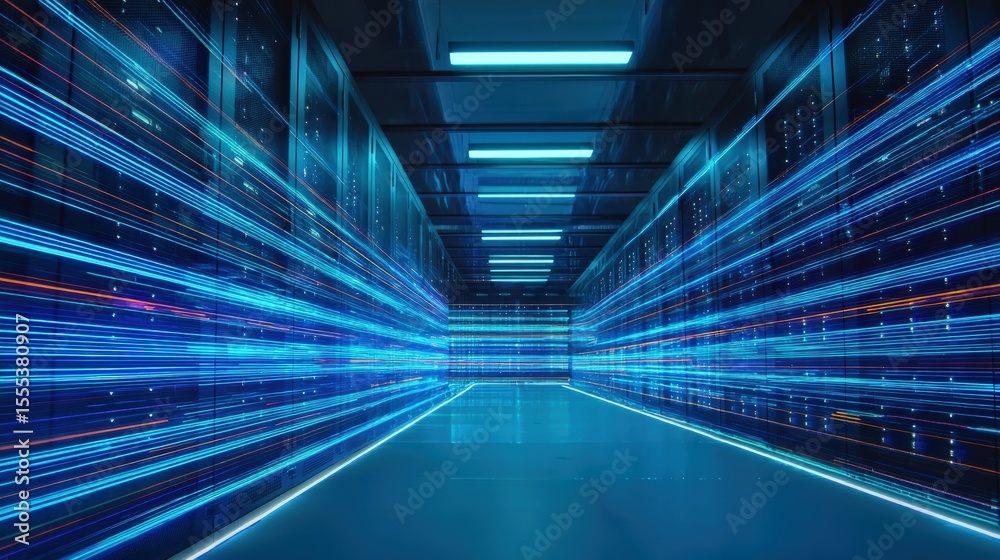 Poster Server racks illuminated by light trails, visualizing rapid data transfer in a cutting edge data center filled with advanced technology