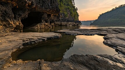 Sunset reflections over serene waters scenic landscape nature photography peaceful setting wide angle view tranquility in nature