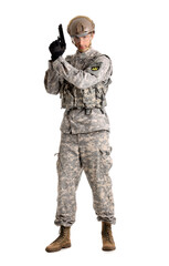 Young male soldier with gun isolated on white background