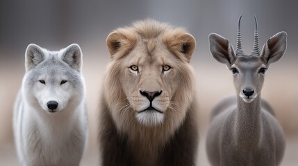 Obraz premium Mighty lions, intelligent wolves and agile lions unite in one natural landscape, illustrating strength, strategy and speed in the chain of life.