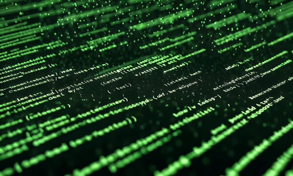 Abstract Green Digital Code Moving Across The Screen With Bokeh Effects