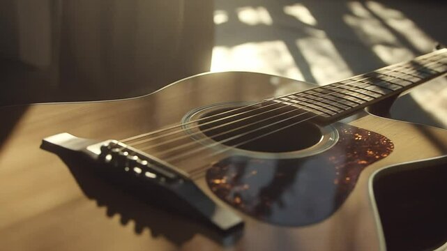Acoustic guitar bathed in sunbeams