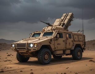 Desert Military Vehicle with Missile Launcher and Machine Gun