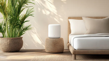 Smart speaker in modern room with plant and cozy bed