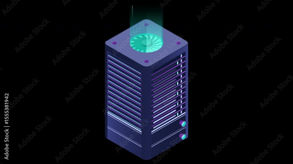 Poster Isometric futuristic server animation. Isometric database or data center. Abstract blockchain. Computer storage. Cloud storage. Transparent background with alpha channel