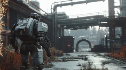 Solitary Sentinel Exploring Abandoned Industrial Wasteland With Robotic Armor