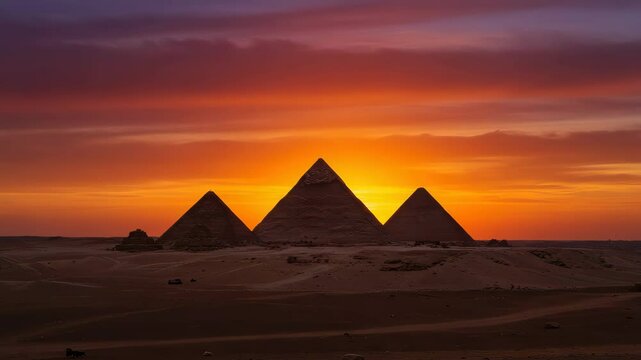 Majestic sunset over the three pyramids at Giza illuminating the Egyptian desert landscape