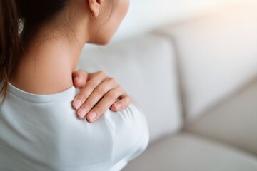 Close up of a young woman experiencing neck and shoulder pain, holding her shoulder area, with a blurred background of a white sofa and light wall