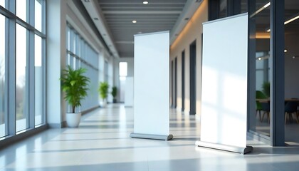 Modern Office Hall with Two Empty White Roll-Up Banner Stands for Business Presentations, mockup, Blank roll up banner stand in modern office, created with generative ai