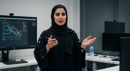 Confident Emirati businesswoman presents data during a tech meeting.
