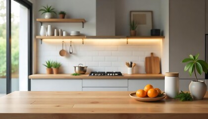 Modern kitchen interior with wood countertop foreground, Modern Kitchen Interior with Marble Countertop and Textured Backsplash, Contemporary kitchen interior, created with generative ai