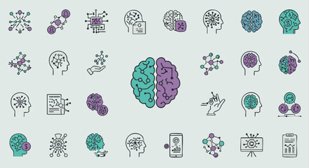 set of icons themed on artificial intelligence, neuroscience, and data science. This modern, thin-line collection with color accents includes symbols of the human brain, neural networks, machine learn