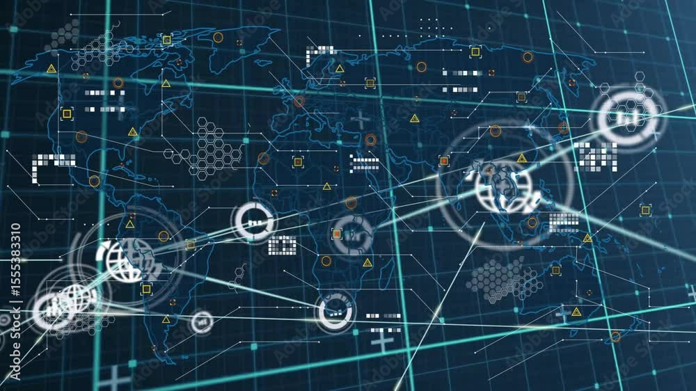 Poster dark grid expanding causing globe appearing, data nodes connecting illustrating global network