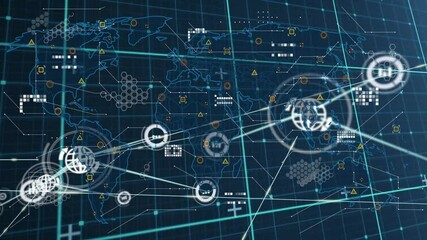 Dark grid expanding causing globe appearing, data nodes connecting illustrating global network - Powered by Adobe