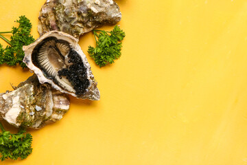 Tasty oysters with black caviar on yellow background