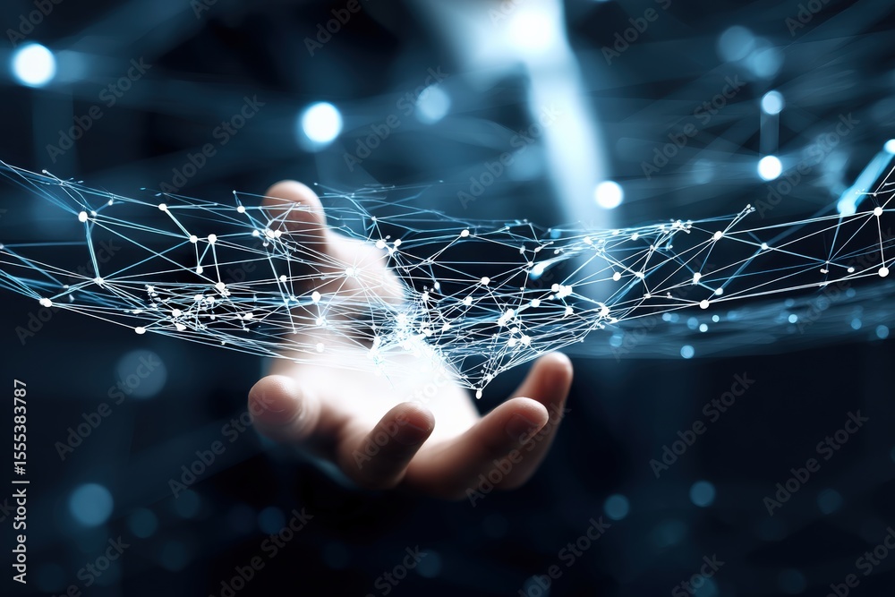 Poster Hand interacting with glowing digital network, symbolizing connection between business and technology in cloud software development