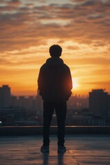 Man silhouetted against fiery sunset over a cityscape, standing on a rooftop in contemplation. Urban solitude with nature's backdrop.