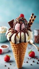 Delicious Vanilla Ice Cream Cone: Topped with Chocolate Syrup, Sprinkles & Wafer Stick